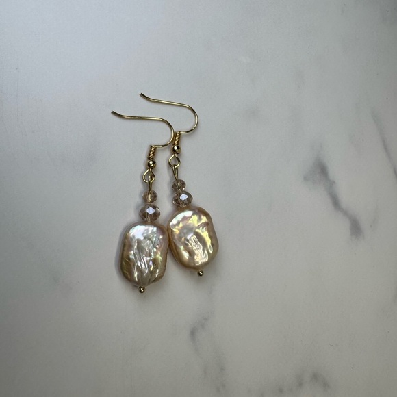 Gold Pearl & Crystal Earrings - Natural Freshwater Pearl - Picture 3 of 5